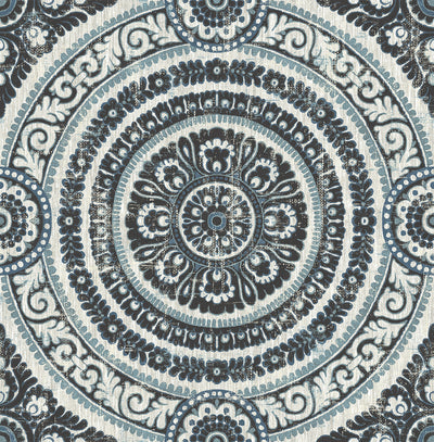product image of sample ornate round tile wallpaper in black and blue from the caspia collection by wallquest 1 576
