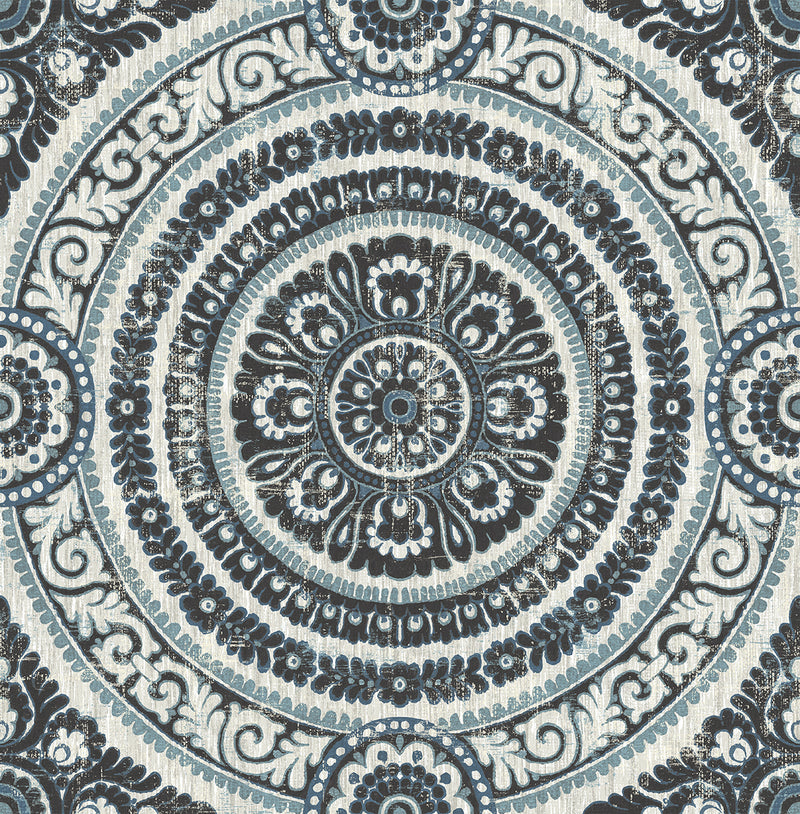 media image for Ornate Round Tile Wallpaper in Black and Blue from the Caspia Collection by Wallquest 246