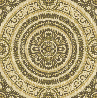 product image of sample ornate round tile wallpaper in green and gold from the caspia collection by wallquest 1 521