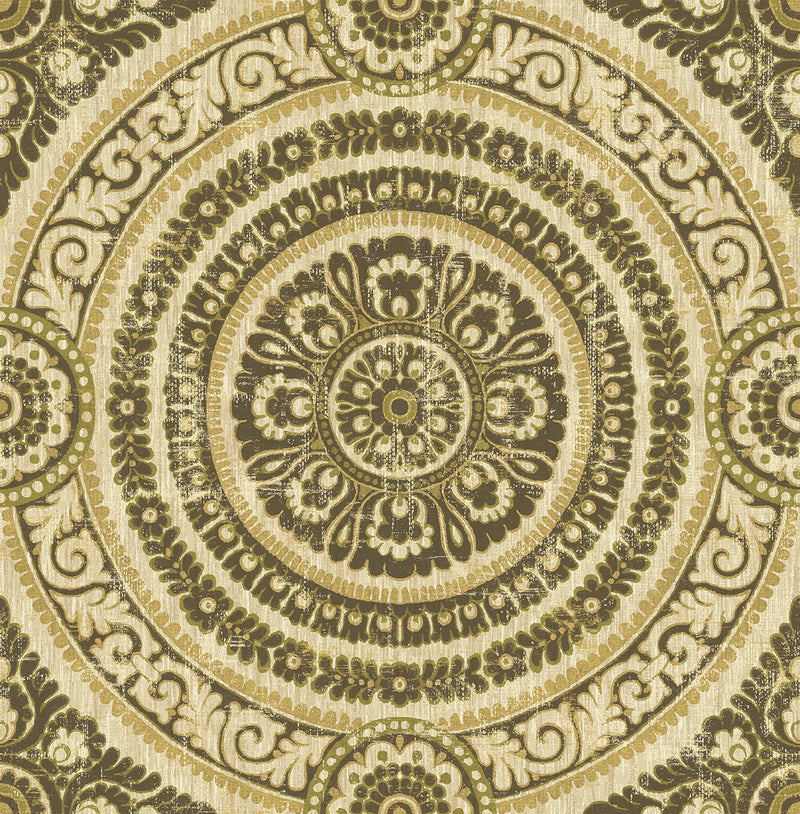 media image for Ornate Round Tile Wallpaper in Green and Gold from the Caspia Collection by Wallquest 261