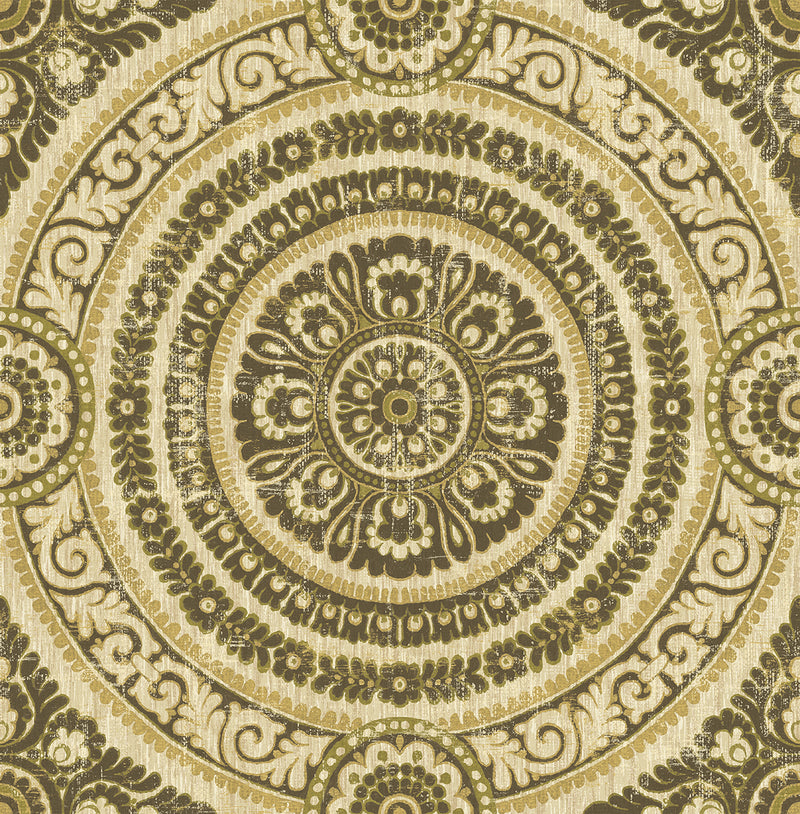media image for sample ornate round tile wallpaper in green and gold from the caspia collection by wallquest 1 288