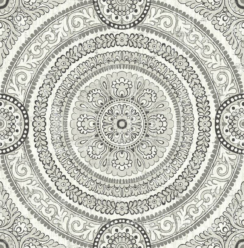 media image for sample ornate round tile wallpaper in silver from the caspia collection by wallquest 1 214
