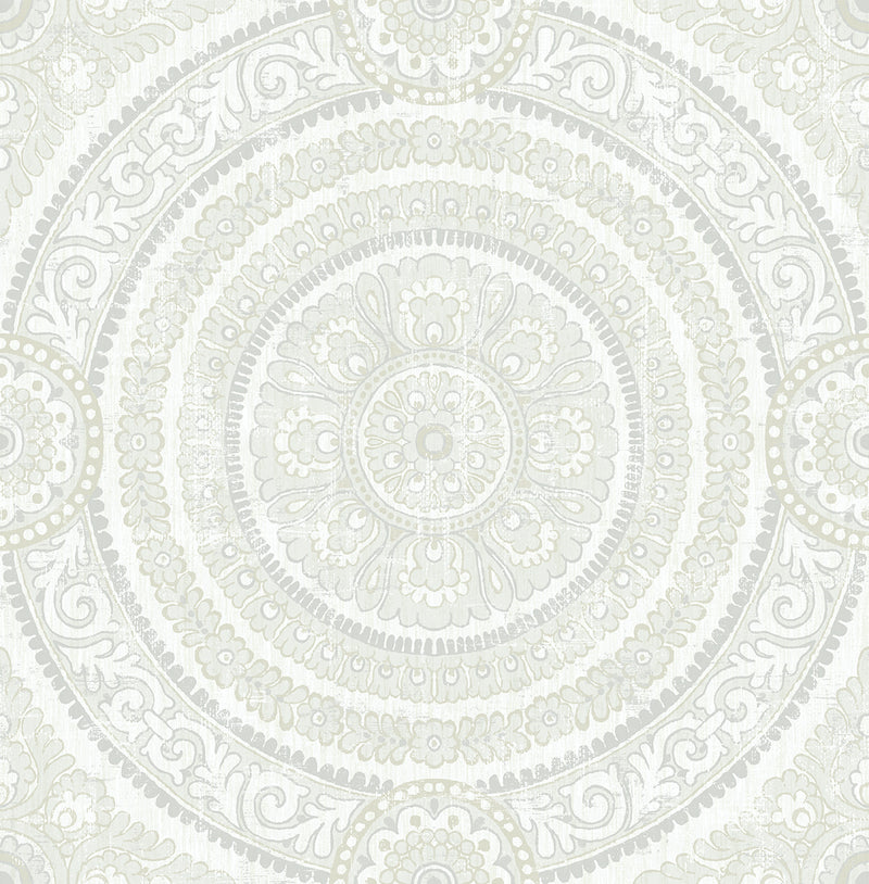 media image for Ornate Round Tile Wallpaper in White from the Caspia Collection by Wallquest 290