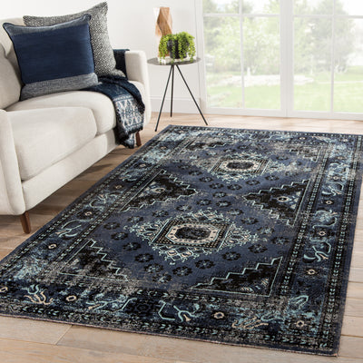 product image for Westlyn Indoor/ Outdoor Medallion Black & Blue Area Rug 36