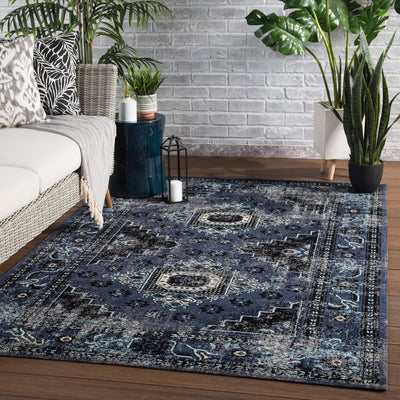 product image for Westlyn Indoor/ Outdoor Medallion Black & Blue Area Rug 59