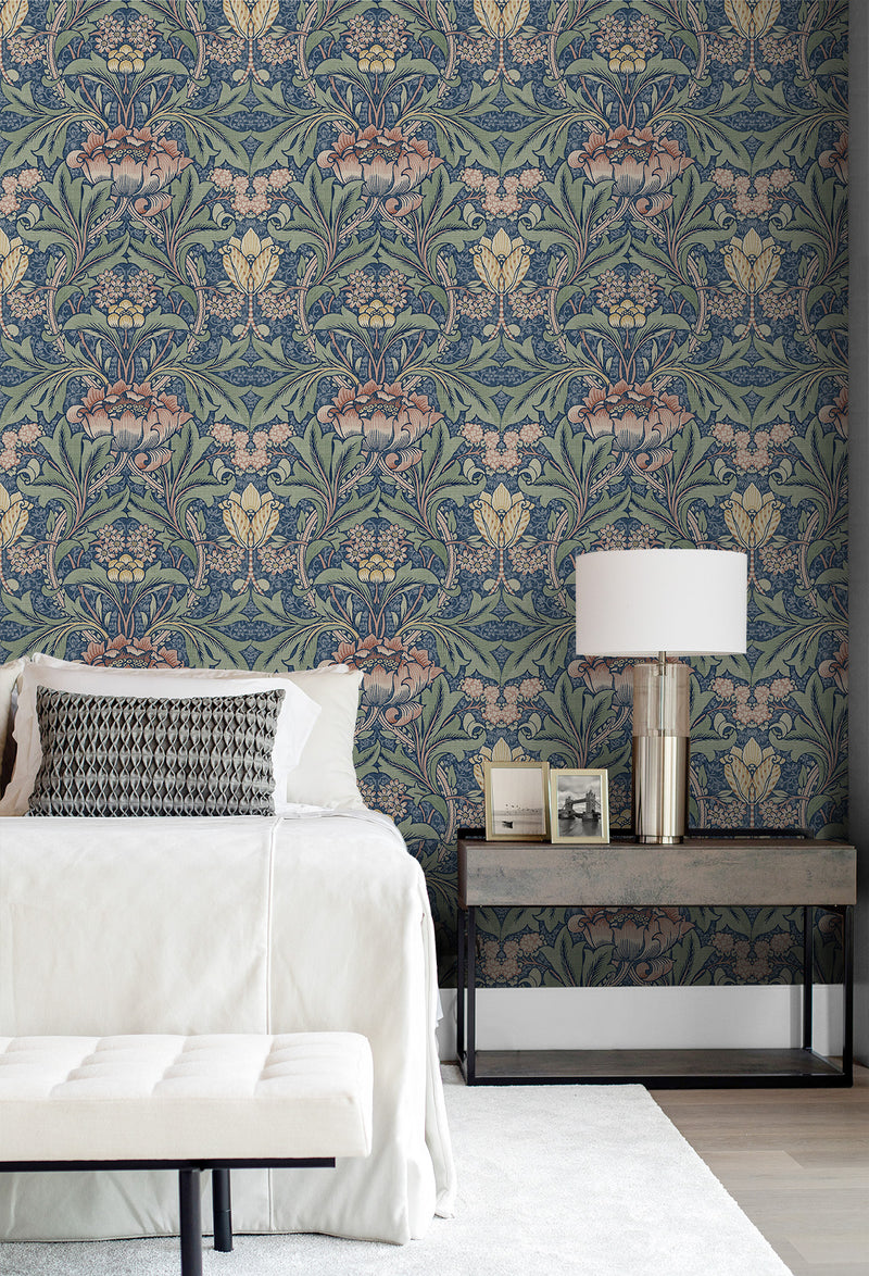 media image for Acanthus Floral Prepasted Wallpaper Denim Blue & Salmon by Seabrook 216