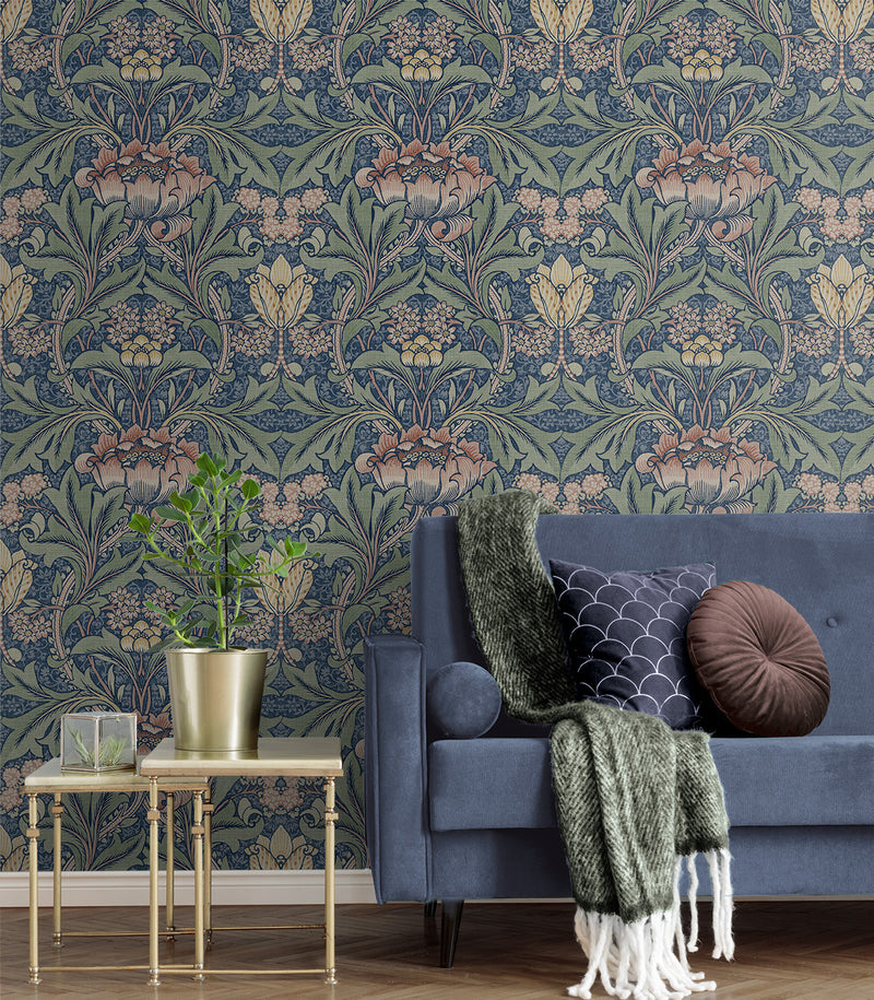 media image for Acanthus Floral Prepasted Wallpaper Denim Blue & Salmon by Seabrook 296