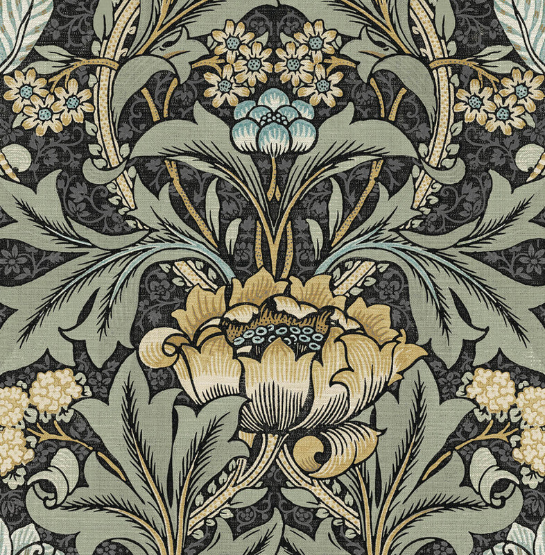media image for Sample Acanthus Floral Prepasted Wallpaper in Charcoal & Goldenrod 214