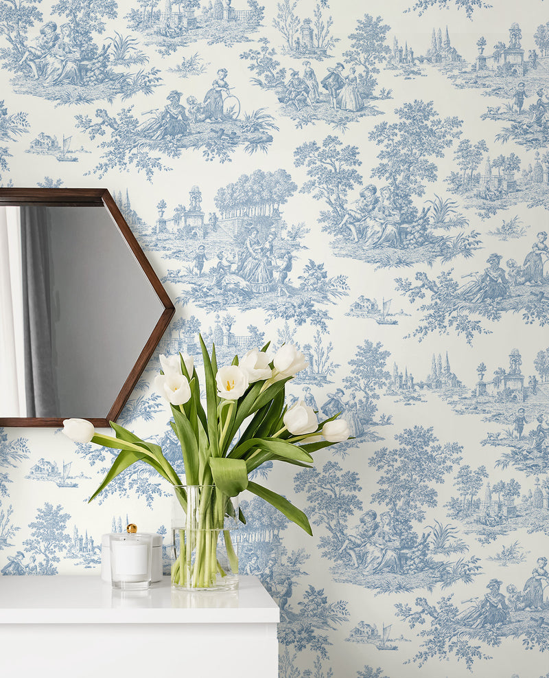 media image for Chateau Toile Prepasted Wallpaper Blue Bell by Seabrook 266