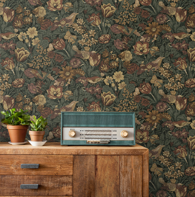 media image for Bird Floral Prepasted Wallpaper in Mahogany/Graphite by Seabrook 216