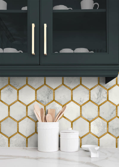 product image for Faux Hex Tile Wallpaper in Alaska Grey & Metallic Gold 7