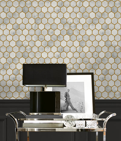 product image for Faux Hex Tile Wallpaper in Alaska Grey & Metallic Gold 17
