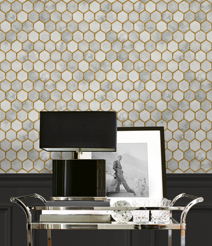 media image for Faux Hex Tile Wallpaper in Alaska Grey & Metallic Gold 296