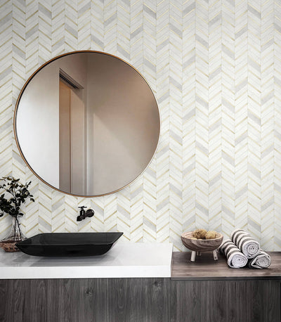 product image for Chevron Faux Tile Wallpaper in Gold & Pearl Grey 55