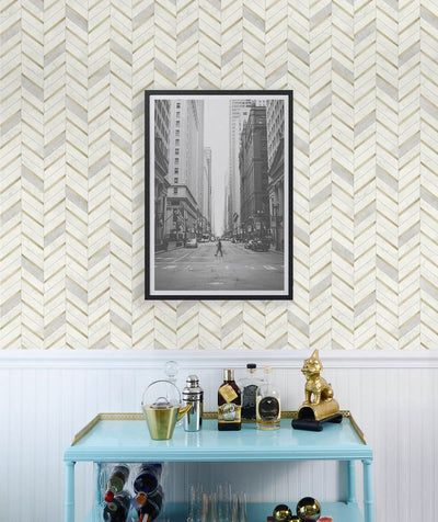 product image for Chevron Faux Tile Wallpaper in Gold & Pearl Grey 56