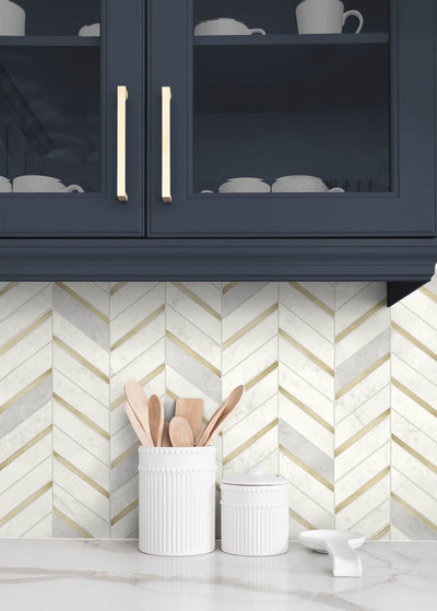 product image for Chevron Faux Tile Wallpaper in Gold & Pearl Grey 15