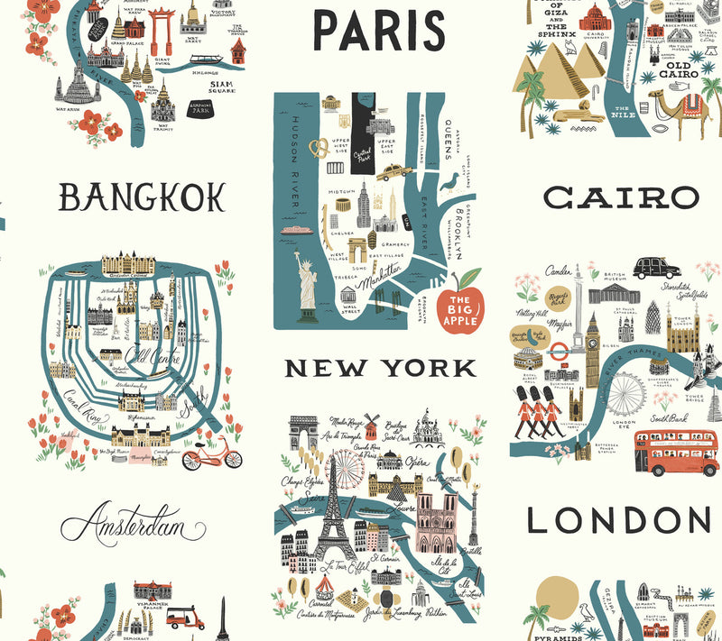 media image for City Maps Peel & Stick Wallpaper in Blue/Red by York Wallcoverings 245