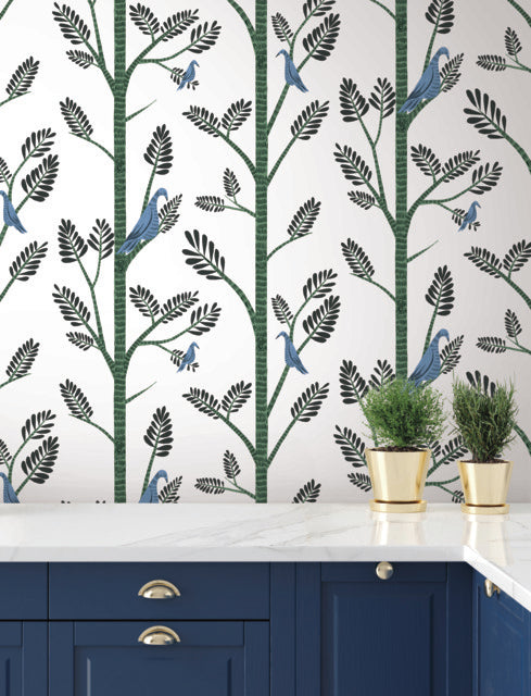 media image for Aviary Branch Peel & Stick Wallpaper in Blue and Green from the Risky Business III Collection by York Wallcoverings 216