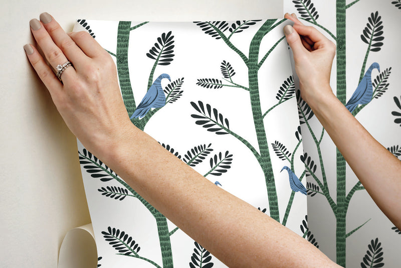 media image for Aviary Branch Peel & Stick Wallpaper in Blue and Green from the Risky Business III Collection by York Wallcoverings 295