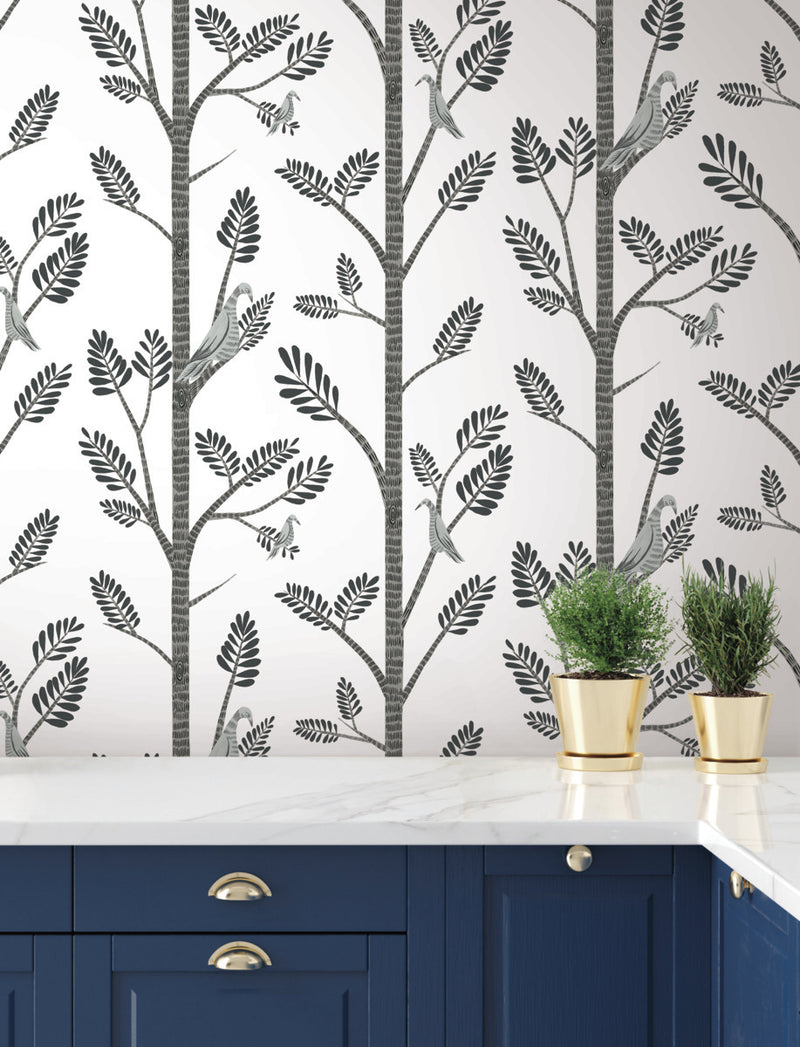 media image for Aviary Branch Peel & Stick Wallpaper in Grey from the Risky Business III Collection by York Wallcoverings 237
