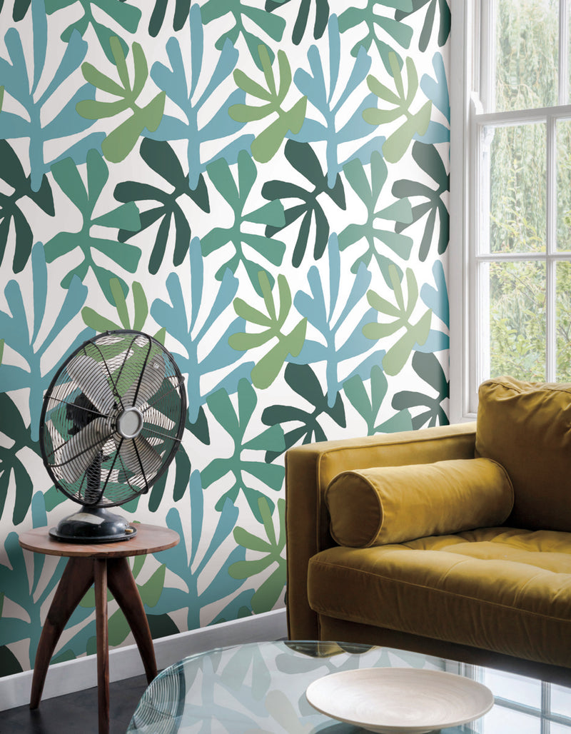 media image for Kinetic Tropical Peel & Stick Wallpaper in Blue and Green from the Risky Business III Collection by York Wallcoverings 229