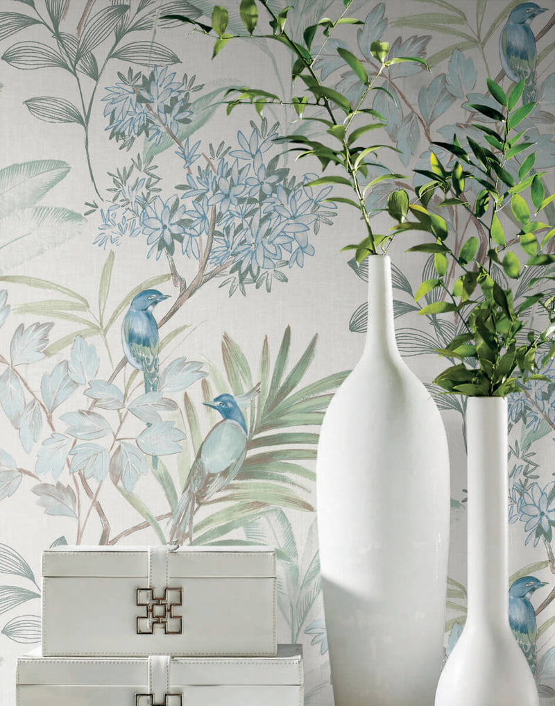 media image for Handpainted Songbird Peel & Stick Wallpaper in Turquiose 264
