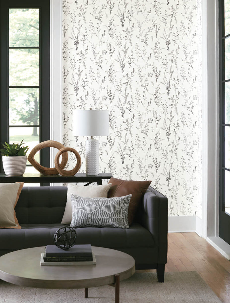 media image for Wildflower Sprigs Peel & Stick Wallpaper in Black/White 276