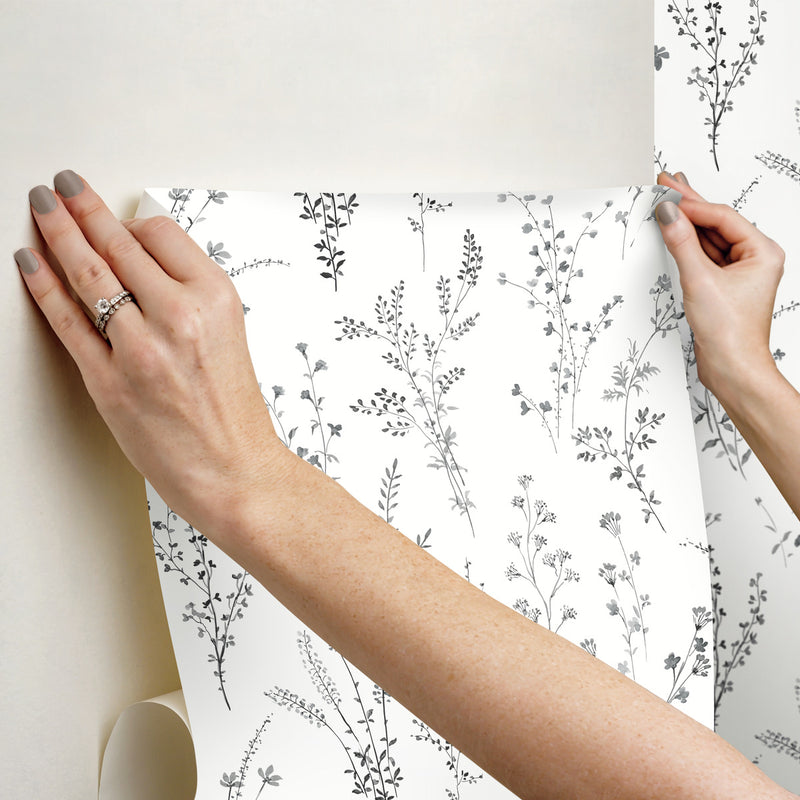 media image for Wildflower Sprigs Peel & Stick Wallpaper in Black/White 288