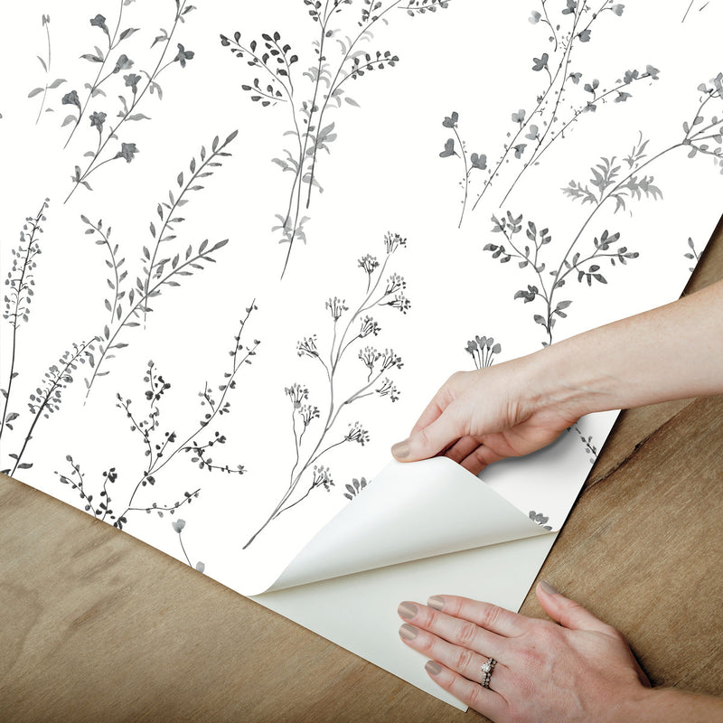 media image for Wildflower Sprigs Peel & Stick Wallpaper in Black/White 228