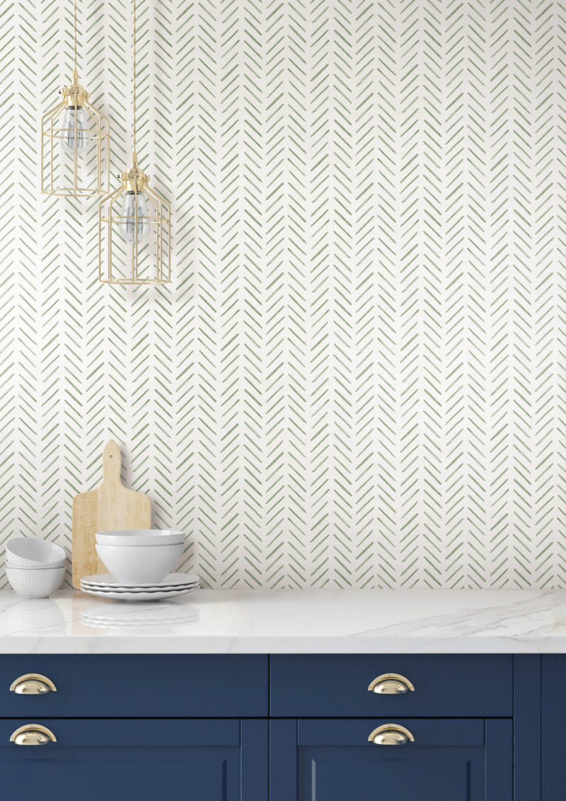 media image for Painted Herringbone Peel & Stick Wallpaper in Fern 213