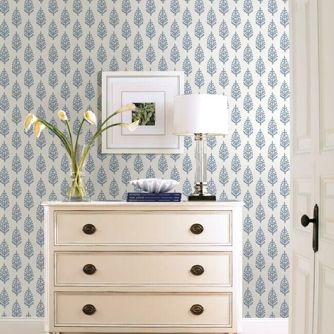 media image for Paisley On Calico Wallpaper in Blue from the Simply Farmhouse Collection by York Wallcoverings 255