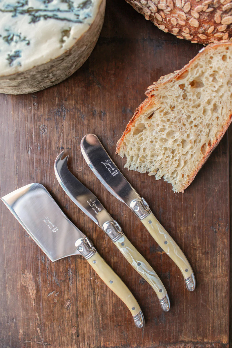 media image for laguiole pale horn mini cheese set in brown box cutter spreader fork tipped knife 5 259