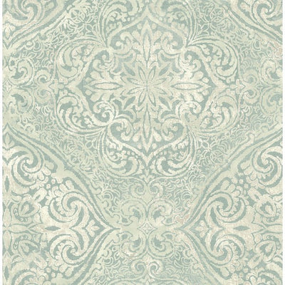 product image of sample palladium damask wallpaper in aqua metallic by seabrook wallcoverings 1 526