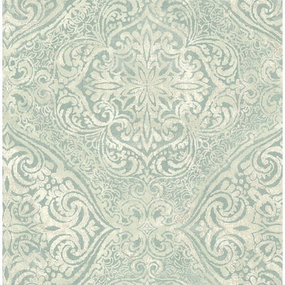 product image for Palladium Damask Wallpaper in Aqua Metallic by Seabrook Wallcoverings 62