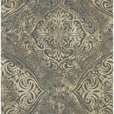 product image of sample palladium damask wallpaper in grey and dark gold by seabrook wallcoverings 1 543