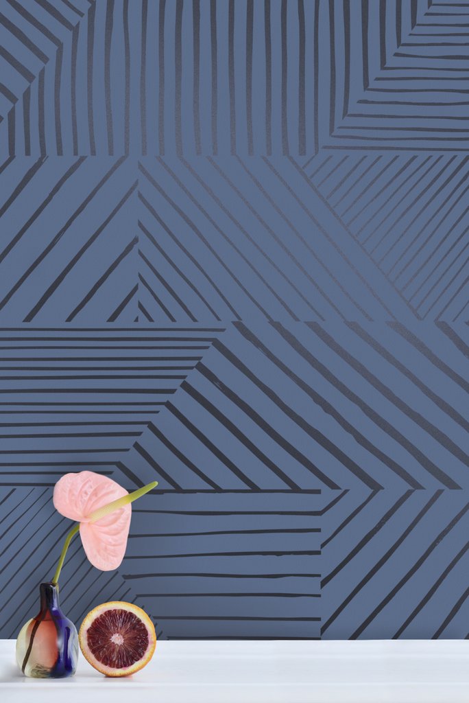 media image for Parquet Wallpaper in Gunmetal on Navy design by Thatcher Studio 260