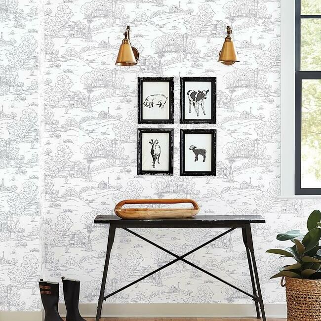 media image for Pasture Toile Wallpaper in Navy and White from the Simply Farmhouse Collection by York Wallcoverings 242