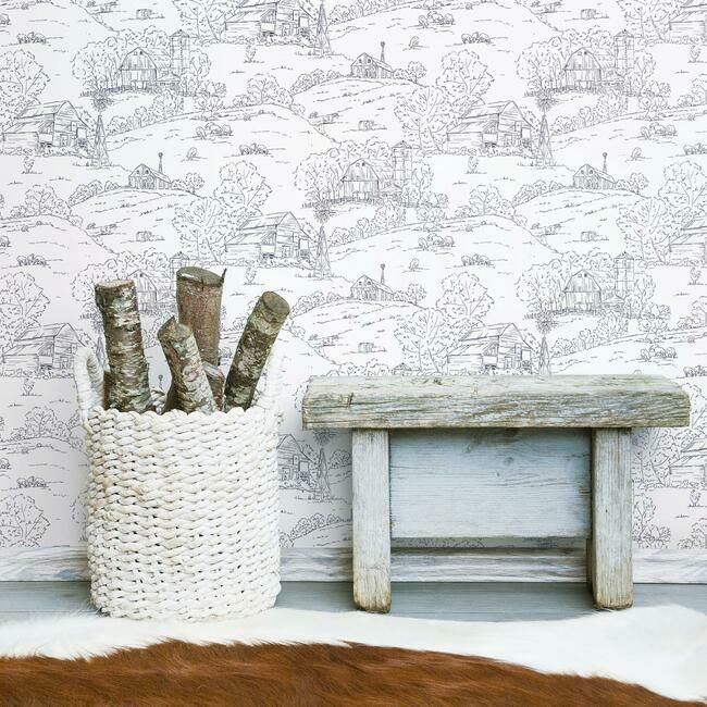 media image for Pasture Toile Wallpaper in Navy and White from the Simply Farmhouse Collection by York Wallcoverings 215