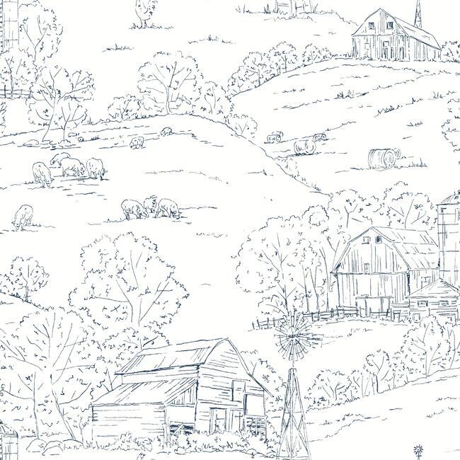 media image for Pasture Toile Wallpaper in Navy and White from the Simply Farmhouse Collection by York Wallcoverings 23