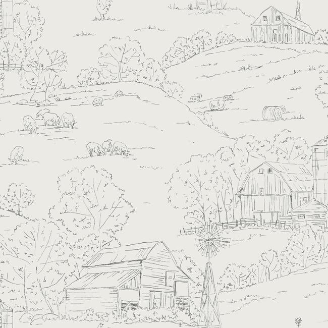 media image for sample pasture toile wallpaper in taupe and charcoal from the simply farmhouse collection by york wallcoverings 1 240
