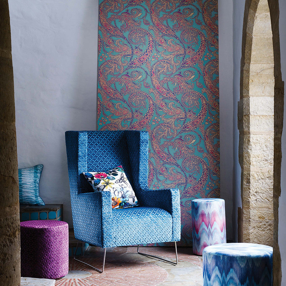 Shop Patara Wallpaper in Jade, Sapphire, and Fuchsia from the Pasha