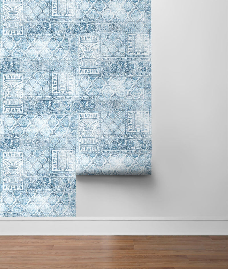 media image for Patchwork Peel-and-Stick Wallpaper in Blue and Eggshell by NextWall 243