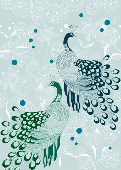 product image of sample peaceful peacocks wall mural in blue by walls republic 1 584