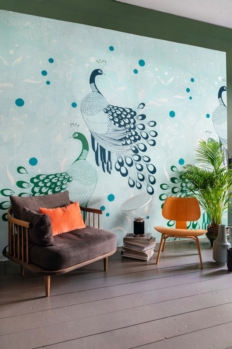 media image for Peaceful Peacocks Wall Mural in Blue by Walls Republic 278