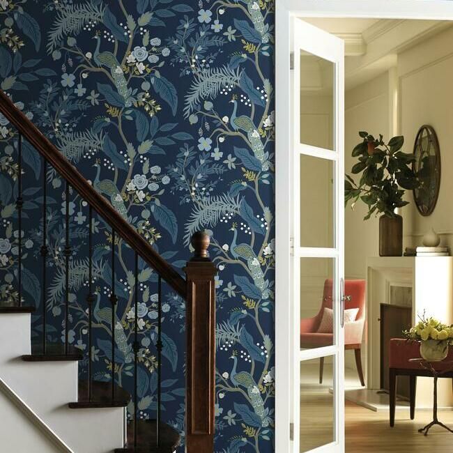 media image for Peacock Wallpaper in Navy from the Rifle Paper Co. Collection by York Wallcoverings 264