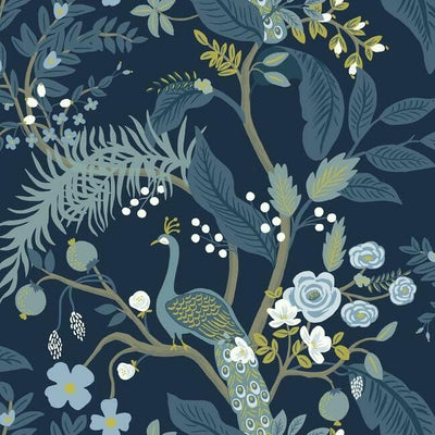 product image of sample peacock wallpaper in navy from the rifle paper co collection by york wallcoverings 1 531