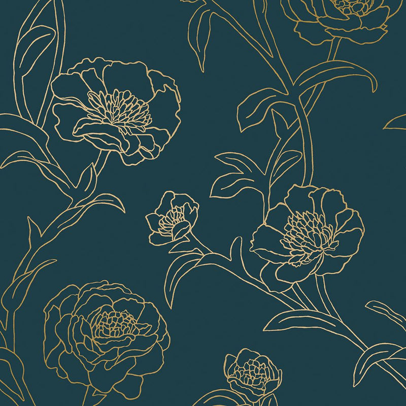 media image for Peonies Self-Adhesive Wallpaper (Single Roll) in Peacock Blue and Gold by Tempaper 270