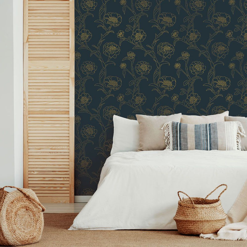 media image for Peonies Self-Adhesive Wallpaper in Peacock Blue and Metallic Gold design by Tempaper 222