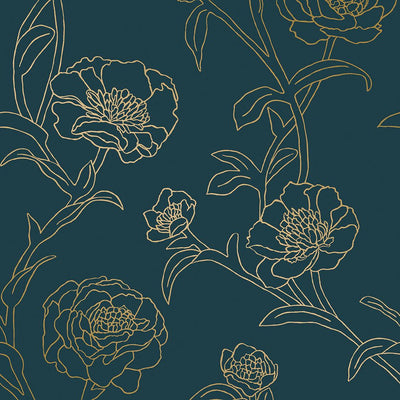 product image for Peonies Self-Adhesive Wallpaper in Peacock Blue and Metallic Gold design by Tempaper 26