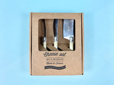 product image for laguiole pale horn mini cheese set in brown box cutter spreader fork tipped knife 2 0